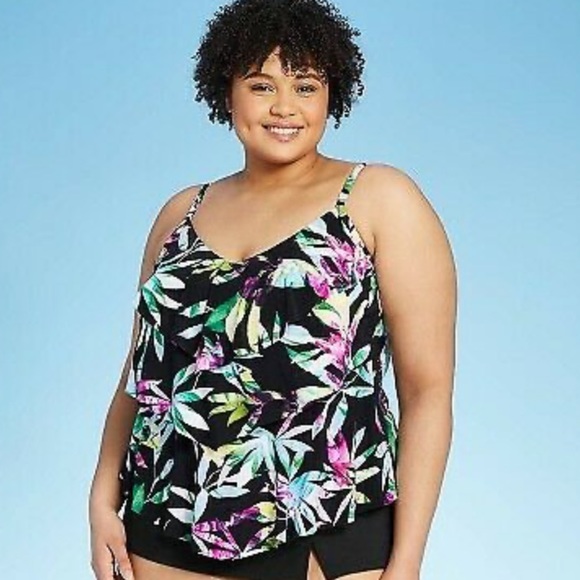 Plus Size Tiered Tankini Top -Black Tropical - Picture 1 of 7